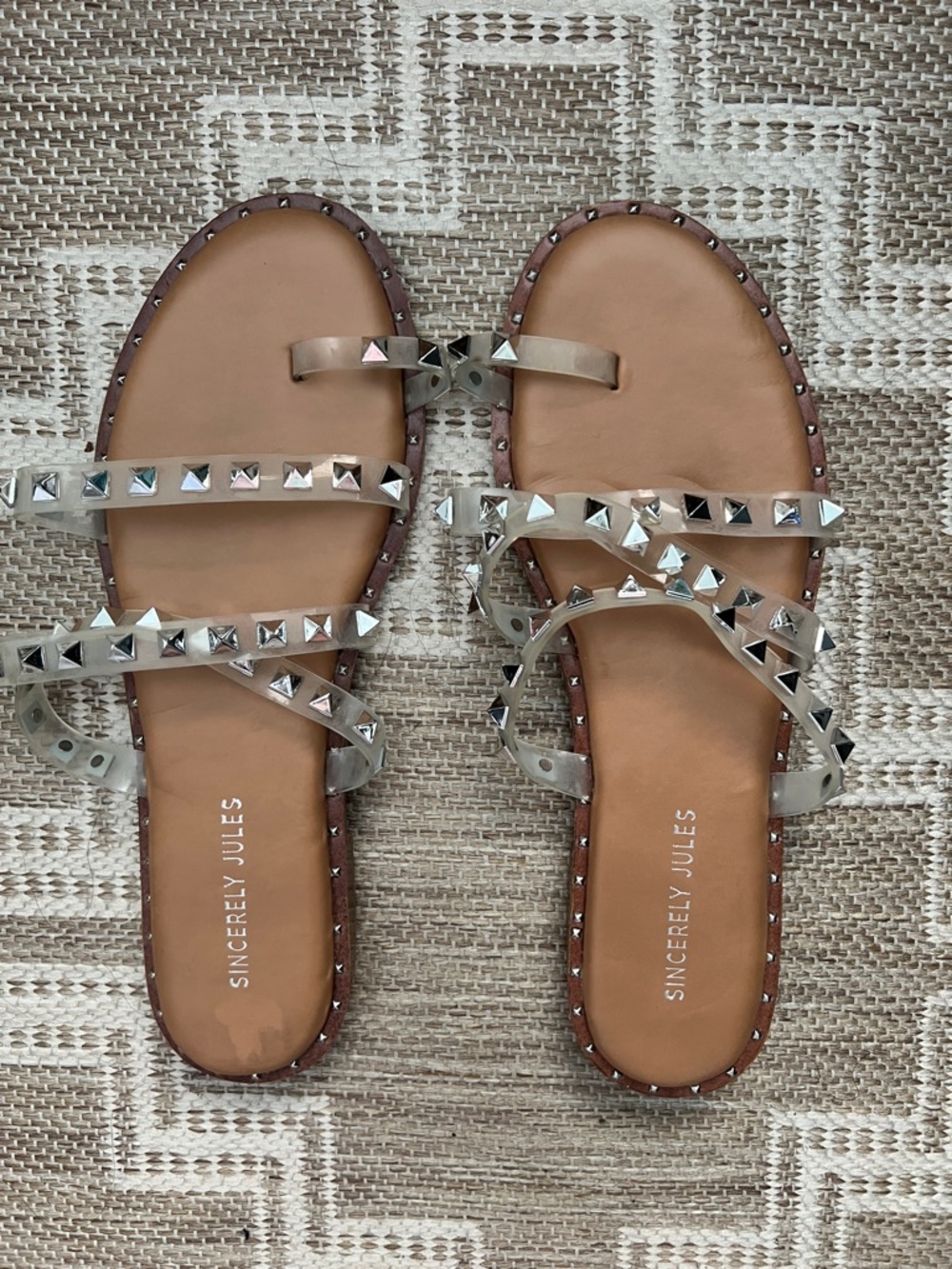 Sincerly Jules Tan Slides with Clear Studded Straps